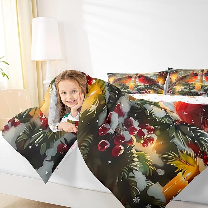 Feelyou Merry Christmas Kids Comforter Set Queen Size Cardinal Bedding Set Winter Bird Duvet Quilt for Kids Boys Girls Bedroom Red Berries Decor Microfiber Ultra Soft Breathable