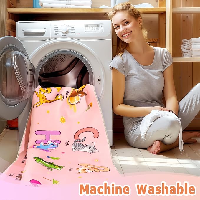 Kids Rugs for Playroom, 4x5 Feet Educational Rug for Learn The ABC Alphabet, Soft Machine Washable Non-Slip Cute Cartoon Animals Carpet for Classroom Toddler Nursery Kids Room Decor, Pink