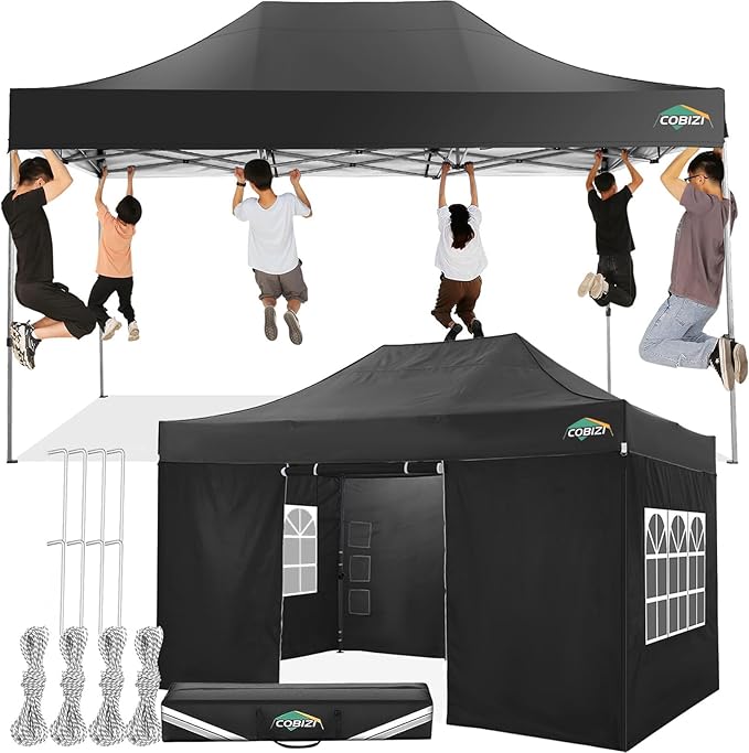 COBIZI 10x15 Pop up Canopy Tent 10x15 Canopy with 4 Sidewalls Waterproof Heavy Duty Commercial Canopy Tent for Parties Outdoor Tent Garden Gazebo Tent, Carry Bag(10x15ft, Black)