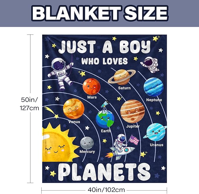 Just A Boy Who Loves Planet Solar System Space Blanket Gifts for Planets Lovers, Cute Planets Blanket Gifts for Christmas, Planet Birthday Gifts for Boys Son Men on Sofa Couch Bed 40"x 50"
