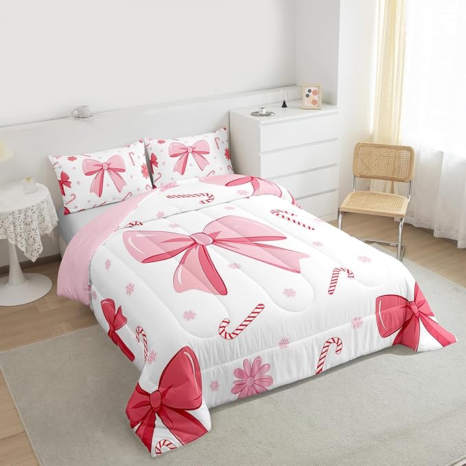Feelyou Pink Bowknot Comforter Set All Season Christmas Candy Cane Snowflake Bedding Set with 1 Pillow Cases Cute Bow Microfiber Kids Toddler Bedclothes Dreamy Princess Style Bedroom Decor Duvet Quilt