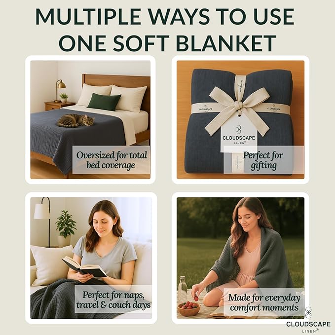 Cloud Scape Linen Oversized 4 Layer Muslin Blanket Twin Size - 100% Cotton, Lightweight & Breathable All Season Gauze, Pre-Washed, for Bed, Couch, fits Twin XL Bed,68x92, Dark Grey