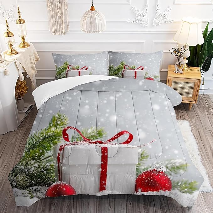 kxry Christmas Comforter Set Snow Scene Evergreen Bough Bedding Queen Size for Girls Boys Kids Gift Box Red Balls Quilt Duvet 1 Comforter + 2 Pillow Cases