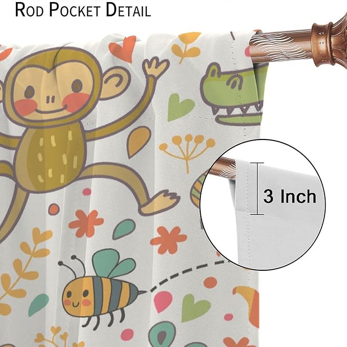 Cute Monkeys Curtains, Zoo Theme Cartoon Funny Animals Crocodile Giraffe Turtle with Flowers Print Thermal Insulation Window Drapes for Kids Boys Girls Baby Bedroom Living Room 72x63in
