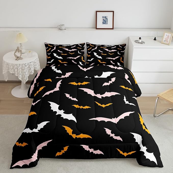 Erosebridal Bat Bedding Set Happy Halloween Comforter Set King Size for Kids Boys Bedroom Pink and Orange Bat Quilt Gothic Spooky Style Duvet Insert with 2 Pillow Cases