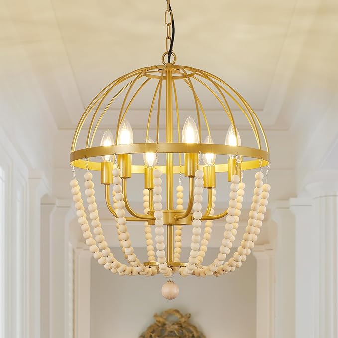 WJShome Modern Farmhouse Light fixtures, 6-Light Gold Boho Bead Spherical Chandelier, Dining Room Wooden Bead Lantern Pendant Light for Bedroom, Kitchen, Hallway, Entryway Foyer