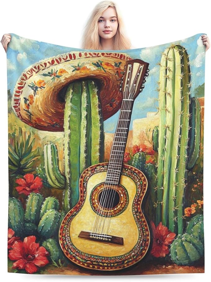 Western Guitar Blanket Cactus Decor Throw Blanket Super Soft Flannel Lightweight Fluffy Plush Cozy Fuzzy Fleece Cowboy Gifts Blanket for Kids Boys Adults Man for Bed Sofa 60"X80"