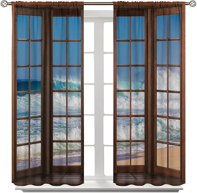 Ocean Beach Curtains,Waves Crashed Beach Hawaiian Seaside Scene Pattern Blackout Print Home Bedroom Living Room Window Treatments 2 Panel Set 42x54 Inch