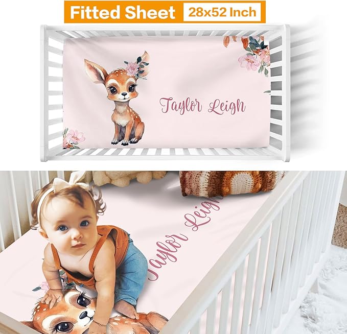 Custom Crib Bedding Set - Deer Design Personalized Name Baby Nursery Bedding 3 Pcs Set - Chic Soft Blanket, Sheet, Pillowcase for Newborns Boys Girls Gifts Color04