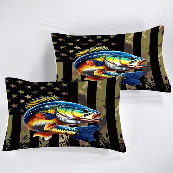 Fish American Flag Comforter Set Full/Queen Size Camouflage Bass Bedding Set for Men Boys Teens Fishing Lover Bedroom Green Farmhouse Bed Set Wild Quilted, 1 Comforter 2 Pillowcases