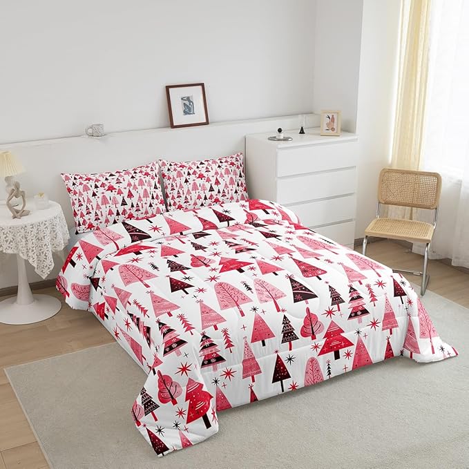 Manfei Pink Xmas Trees Comforter Set Full Size, Christmas Theme Bedding Set 3pcs for Kids Boys Girls Adults Room Decor, Happy New Year Down Comforter Soft Polyester Quilt Set with 2 Pillowcases