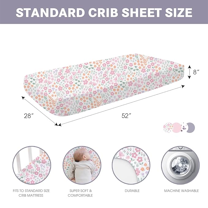 Little Grape Land Crib Sheets for Girls, 4-Pack Soft Microfiber Fitted Baby Sheets for Standard Crib and Toddler Mattress 28x52x8 Inch – Breathable & Secure (Butterfly, Floral, Pink, Purple)