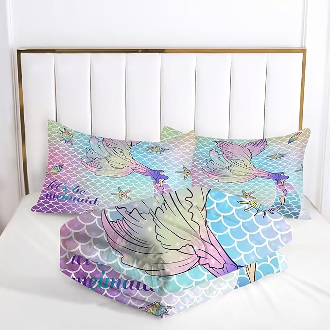 kxry Mermaid Tail Comforter Set Queen Size Gradient Fish Scales Sea Bedding Sets for Girls Teens Kids Ocean Starfish Conch Soft Microfiber Lightweight Comforter Set with 1 Comforter + 2 Pillow Cases