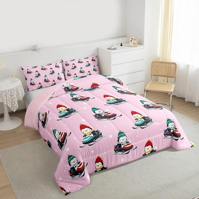 Feelyou Christmas Kids Comforter Set Twin Size Pink Penguin Bedding Set Cartoon Penguin Skiing Duvet Quilt for Kids Boys Girls Bedroom Snowflake Decor Microfiber Ultra Soft Breathable