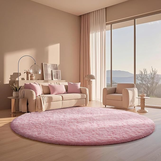 Ophanie Round Rugs 6Ft Pink Circle Area Rug, Fluffy Fuzzy Bedroom Carpet, Plush Soft Shaggy Indoor Floor Kawaii Living Room Rugs for Kids, Cute Room Decor for Teen Girls Home Decor Aesthetic, Nursery