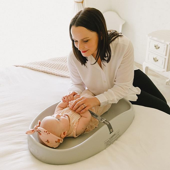 Bumbo Baby Changing Pad for Dresser or Table Top, Portable & Wipeable Non Slip Soft Contoured Diaper Change Station with Harness, Cool Grey