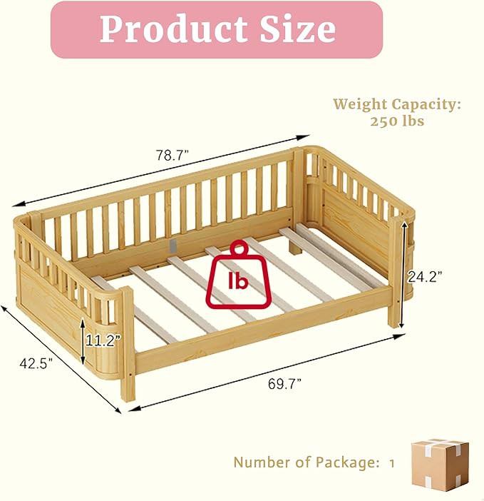 Twin Kids Platform Bed Frame with Rails, Wood Low Montessori Bed with Slats Support, Modern Daybed with Detachable Side Rails, Kids Beds for Boys Girls Bedroom, Natural