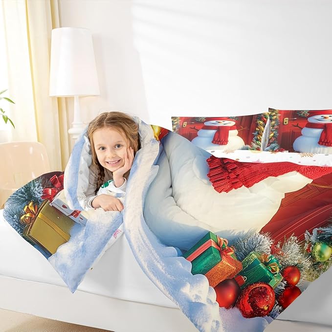 Feelyou Merry Christmas Kids Comforter Set Full Size Cute Snowman Bedding Set Duvet Quilt for Kids Boys Girls Bedroom Snowflake Decor Microfiber Ultra Soft Breathable