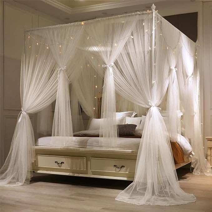 VETHIN 4 Corners Post Princess Bed Canopy Curtain Double Layer Cozy Drape Netting 4 Opening Mosquito Net for Girls & Adults Bedroom Decoration Accessories (Double White, 59" W*82" L*82"*H/(Queen))