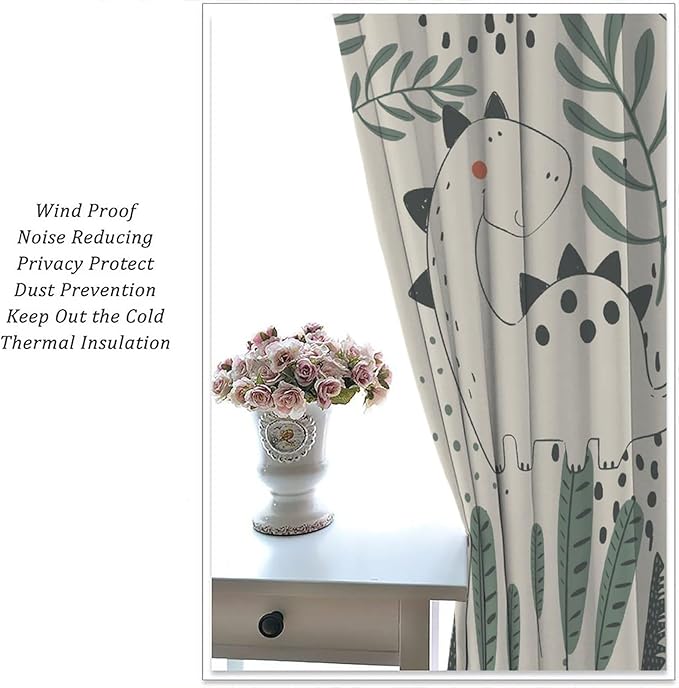 Funny Dinosaur Curtains, Jungle Cute Cartoon Animals Tropical Leaves Plant Beige Green Print Blackout Window Treatments for Kids Boys Girls Bedroom Living Room 84x84in