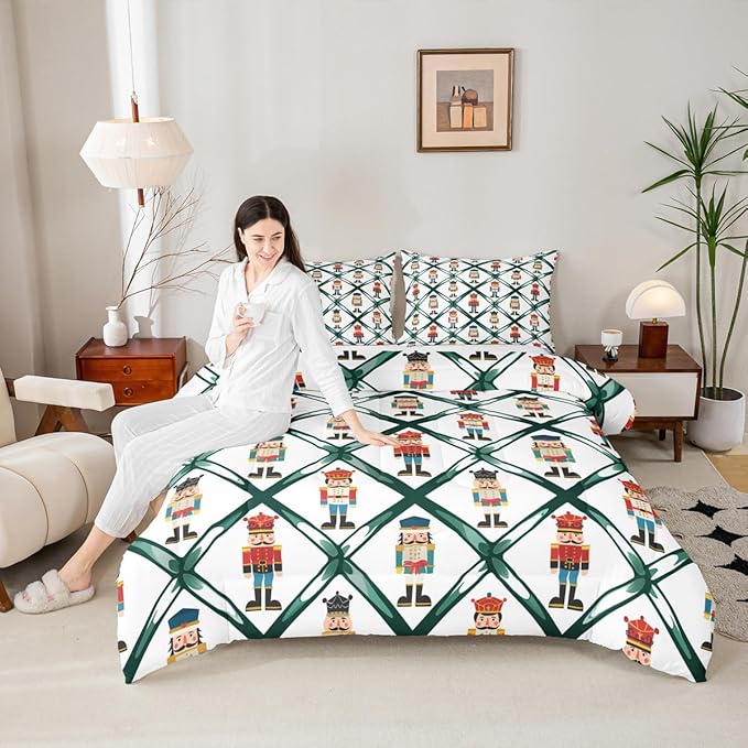 Feelyou Cute Nutcracker Bedding Set Soft for Boys Girls,Green Lattice Pattern Comforter Set Twin Size Colorful Duvet Quilt Microfiber Funny Soldier Bedroom Decor Kawaii 2 Pcs with 1 Pillow Cases