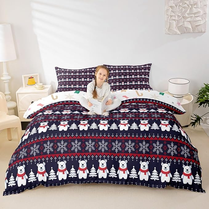 Christmas Bedding Set for Kids Boys Girls Polar Bear Christmas Tree Comforter Cover Set Exotic Ethnic Xmas Theme Duvet Cover Bedroom Decor Snowflake Bedspread Cover King Size Bedding Collection 3Pcs