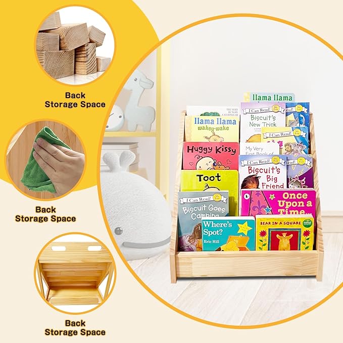 TONGMO 5-Tier Montessori Bookshelf - Front Facing Kids Bookshelf with Back Storage, Perfect for Toddler, Children's Room, and Reading Nook (Natural)