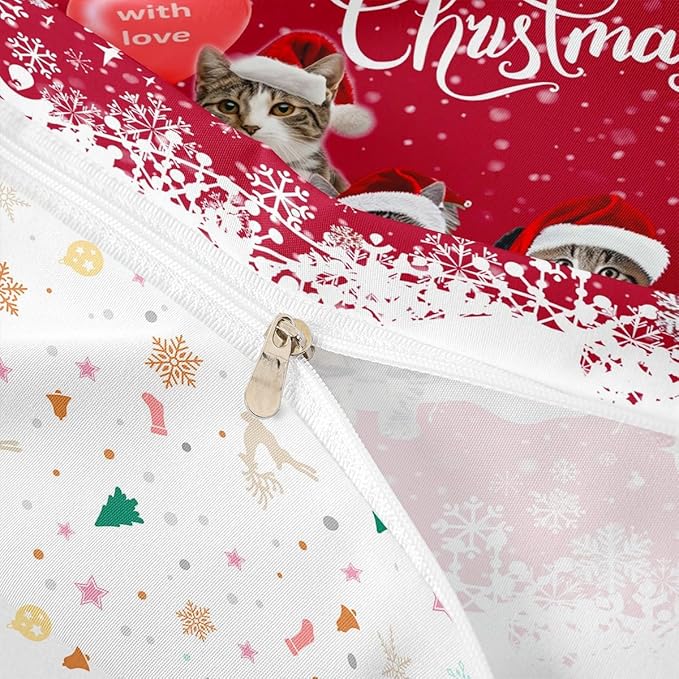 Merry Christmas Cat Bedding Set Xmas Snowflake Pet Cats Duvet Cover for Kids Children Teens Cute Kitten Comforter Cover 3D Animal Red White Bedspread Cover Bedroom Decor Quilt Cover 3Pcs Full Size