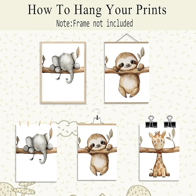 3Pcs Nursery Animal Wall Art Safari Nursery Canvas Poster Prints Jungle Kids Painting Cute Animal Elephant Sloth Giraffe Artwork Picture Wall Decor for Boys Room Girls Room 16x24in Unframed