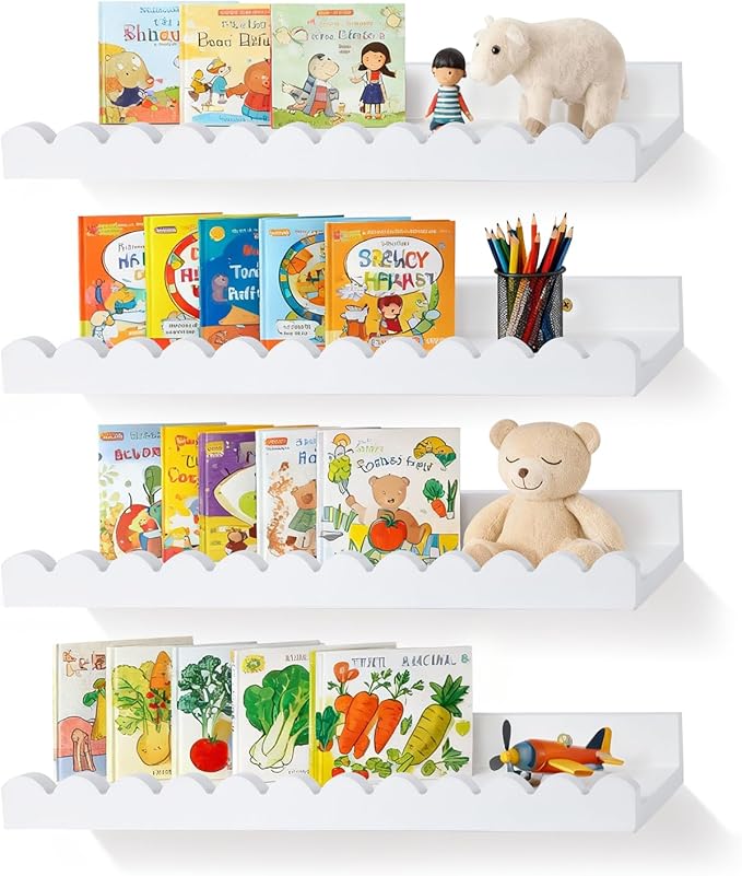 LinTimes Nursery Book Shelves, Set of 4 White Floating Scalloped Shelves for Wall, Rustic Wood Wall Mounted Shelves for Kids Bedroom, Toddler Room, Baby Room Decor, 7.94Lbs Capacity, 16.5 inch