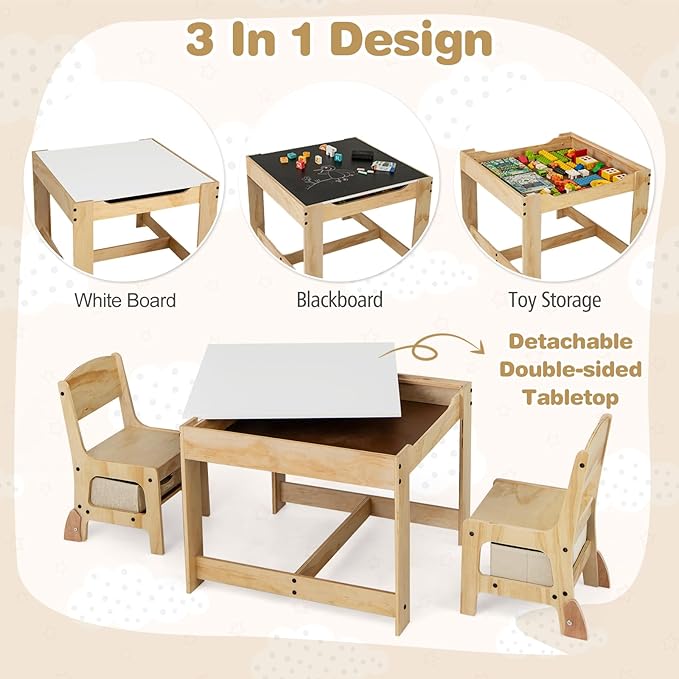 Costzon Kids Table and Chairs, 3 in 1 Wooden Activity Desk Set w/Double-Sided Tabletop, Storage Drawers and Reinforced Design for Drawing, Reading & Playing, Toddler Table and Chair Set (Beige)
