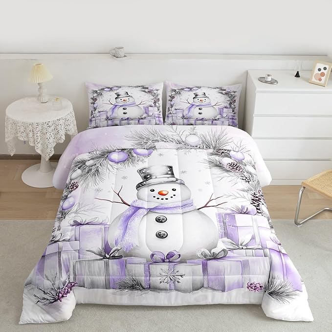 Feelyou Merry Christmas Bedding Set Soft for Boys Girls, Cute Snowman Comforter Set Queen Size Duvet Quilt Microfiber Snowflake Bedroom Decor 3 Pcs with 2 Pillow Cases