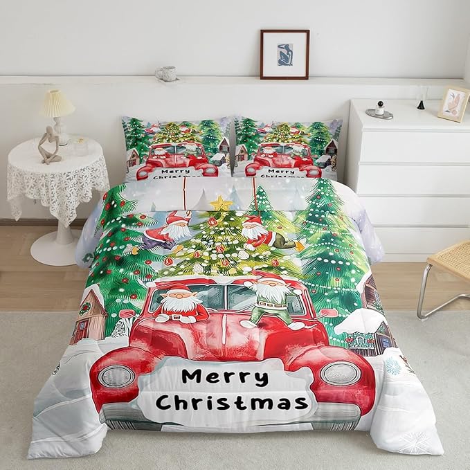 Christmas Tree Comforter Set Twin Size,Red Truck Gnome Bedding Set for Kids Boys Girls Room Decor,Merry Christmas Polka Dot Cartoon Quilt Set 2Pcs,Xmas Rustic Cabin Duvet Insert,1 Pillowcase