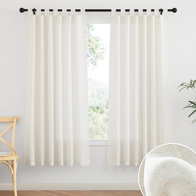 RYB HOME Linen Sheer Curtains - Linen Textured Fabric Semi Sheer Window Decor Light and Airy Privacy Drapes for Doorway Bedroom Living Room, 52 inch Wide x 72 inch Long, 1 Pair, Linen