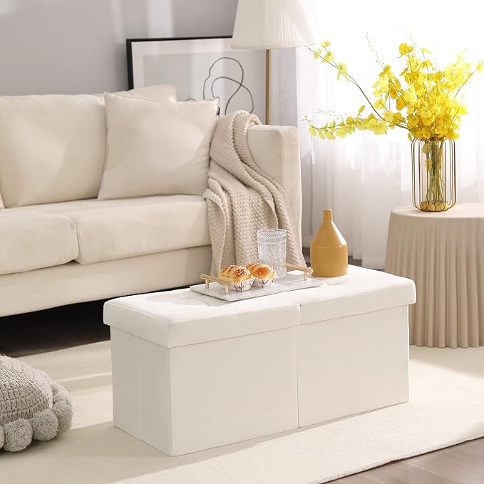 CUYOCA Storage Ottoman Bench Foldable Seat Footrest Shoe Bench End of Bed Storage with Flipping Lid, 75L Storage Space, 30 inches Velvet Cream