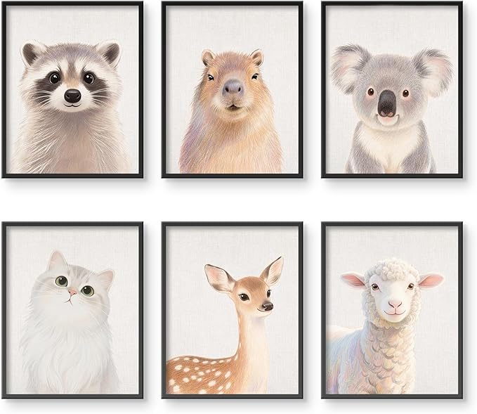 Baby Safari Nursery Wall Decor - Picture Cute Animal Wall Prints on Canvas, Under 20 Dollars Gifts for Baby Boys & Girls Room, UNFRAMED Wall Art Set of 6-8" x 10"