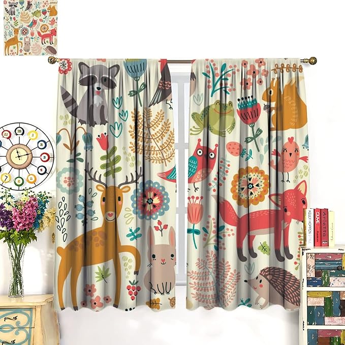 Kids Baby Woodland Blackout Curtains,Forest Animals Plants Cartoon Funny Colorful Deer Fox Owl Pattern Thermal Insulation Window Drapes for Boys Girls Children's Bedroom 42x63in