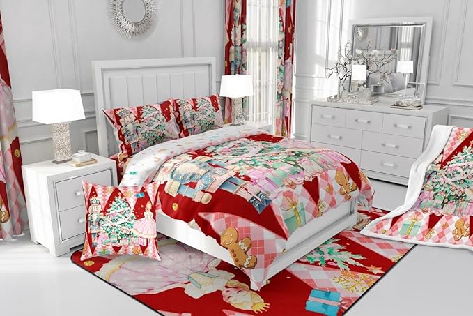 jejeloiu Christmas Nutcracker Comforter Set Queen Size Gingerbread Man Bedding Set for Kids Boys Girls Xmas Tree Duvet Quilt Red Bedroom Decor
