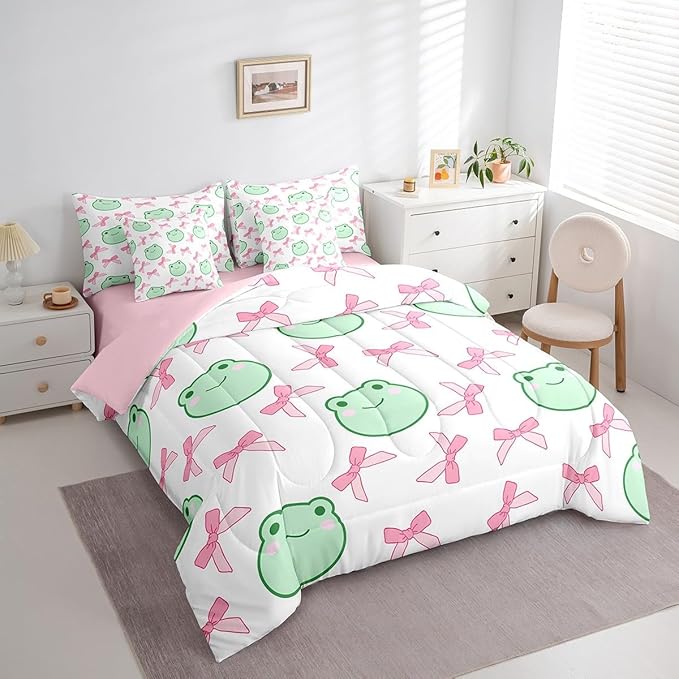 7 Pieces Pink Bowknot Comforter Set Queen,Cartoon Frog Bow Tie Butterfly Knot Princess Bedding Set,Geometric Patchwork Cute Sweet（Comforter+Fitted+Flat Sheet+2 Pillowcases+2 Throw Pillow Covers）