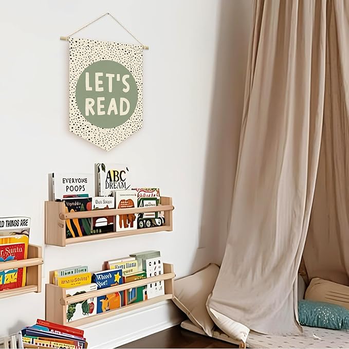 Let's Read Sage Green Banner, Boho Classroom Decor, Trendy Black Dots Wall Hanging Pennant Flag Banner Decor for Reading Corner Nook