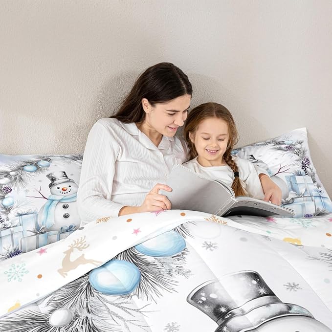 Feelyou Merry Christmas Kids Comforter Set King Size Cute Snowman Bedding Set Duvet Quilt for Kids Boys Girls Bedroom Snowflake Decor Microfiber Ultra Soft Breathable