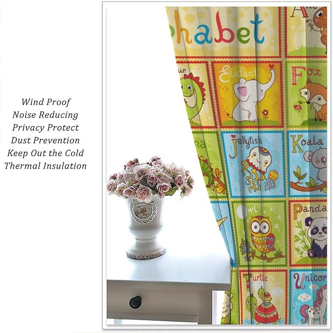 Alphabet Curtains Kids Educational Learning Tool Baby Cartoon Animals Colorful Curtain with Rod Pocket for Bedroom Living Room Decor Drapes Window Treatments 2 Panels Set 63" W X 63" L