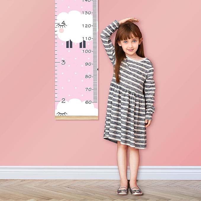 Kids Growth Chart Ruler for Wall Wood Frame Height Measure Chart 13.4x56 in Linen Hanging Height Growth Chart Pink Dot Sheep Kids Room Decor