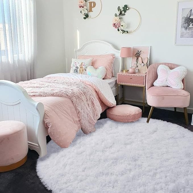 White Round Rug 6Ft for Bedroom, Washable Circle Area Rugs for Living Room, Large Soft Fluffy Shaggy Carpet for Teen Girls Boys, Kids Home Decor Aesthetic, Plush Throw Rugs for Dorm Nursery Playroom