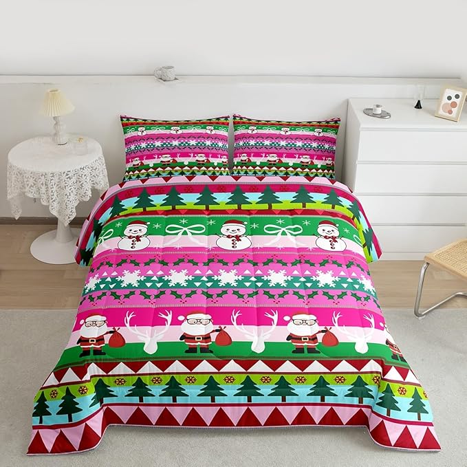 Feelyou Merry Christmas Tree Kids Comforter Set King Size Cute Snowman Bedding Set Santa Claus Duvet Quilt for Kids Boys Girls Bedroom Cartoon Bowknot Decor Microfiber Ultra Soft Breathable