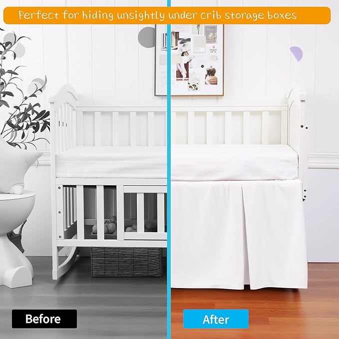 Crib Bed Skirt Dust Ruffle 100% Cotton - Natural, Soft, Breathable for Baby's Delicate Skin, Nursery Toddler Crib Bed Skirt for Baby Boys Girls, Fits Standard Cribs 28" x 52" with 14" Drop