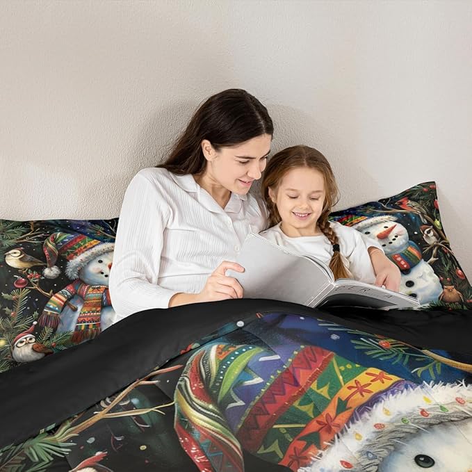 Feelyou Christmas Bedding Set Soft for Boys Girls, Holiday Snowman Birds Comforter Set Twin Size Xmas Owl Branch Berry Duvet Quilt Microfiber Snowflake Bedroom Decor 2 Pcs with 1 Pillow Cases