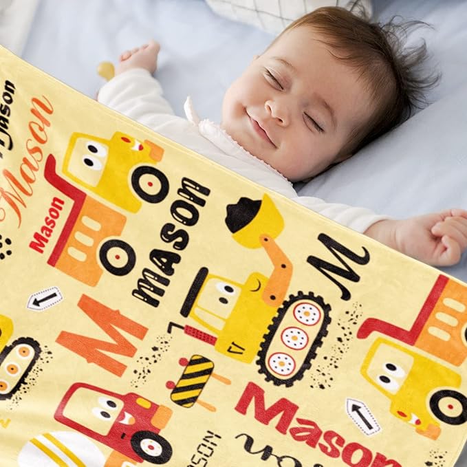 Custom Construction Blanket with Name for Boys Girls Kids, Personalized Name Blanket Construction Vehicles, Soft Flannel Blankets Customized Gift for Children Day Birthday Christmas-40 x50