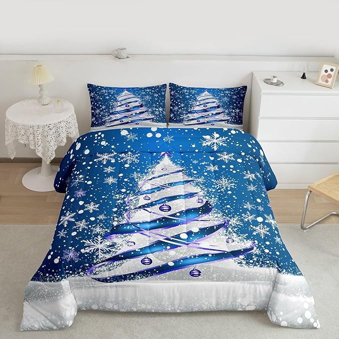 Feelyou Merry Christmas Kids Comforter Set Queen Size Christmas Tree Bedding Set Snowflake Duvet Quilt for Kids Boys Girls Bedroom Winter Decor Microfiber Ultra Soft Breathable
