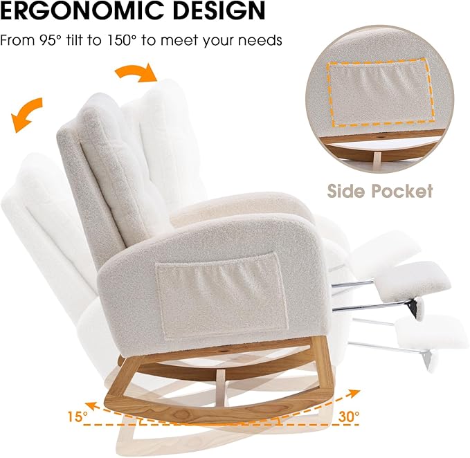 NIOIIKIT Nursery Rocking Chair, Linen Upholstered Glider Chair with Footrest, Tufted Rocker Recliner with Side Pocket, Comfy Recliner Glider, Accent Chair for Living Room (Beige Teddy)